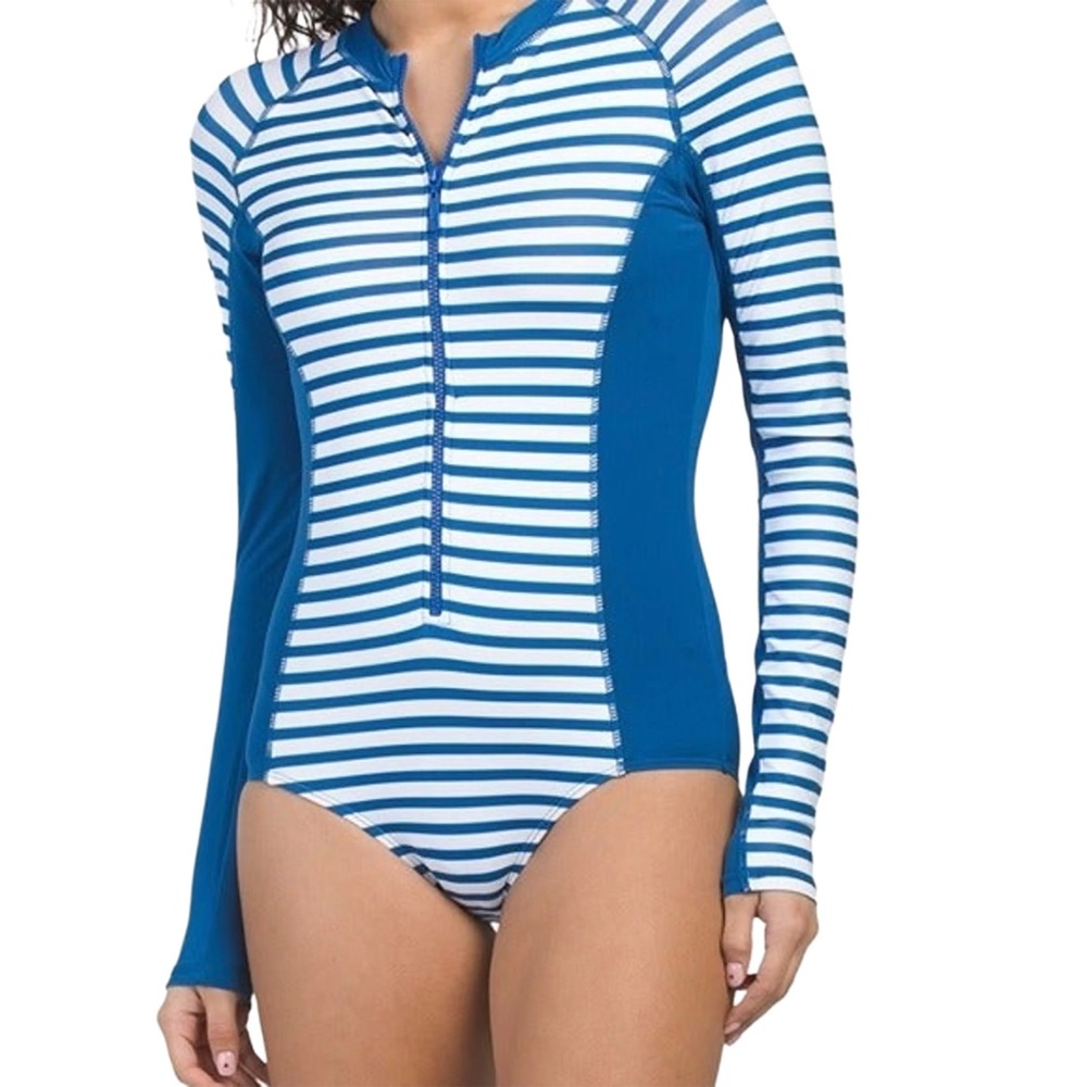 Cabana Life Long Sleeve UPF 50 Road Map Stripe Unisuit Swimsuit NWOT